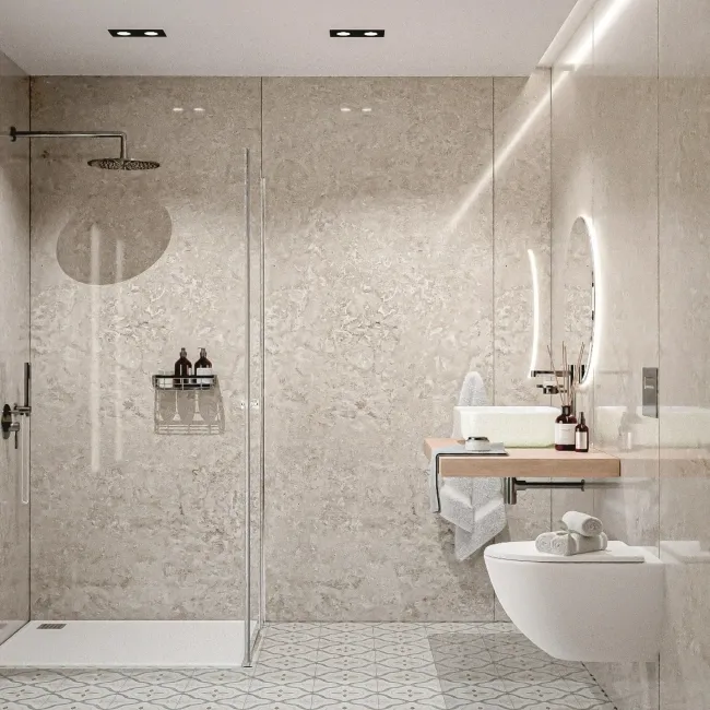 Trepanel Aqua® Gloss Ivory Travertine Effect PVC Shower Wall Panel