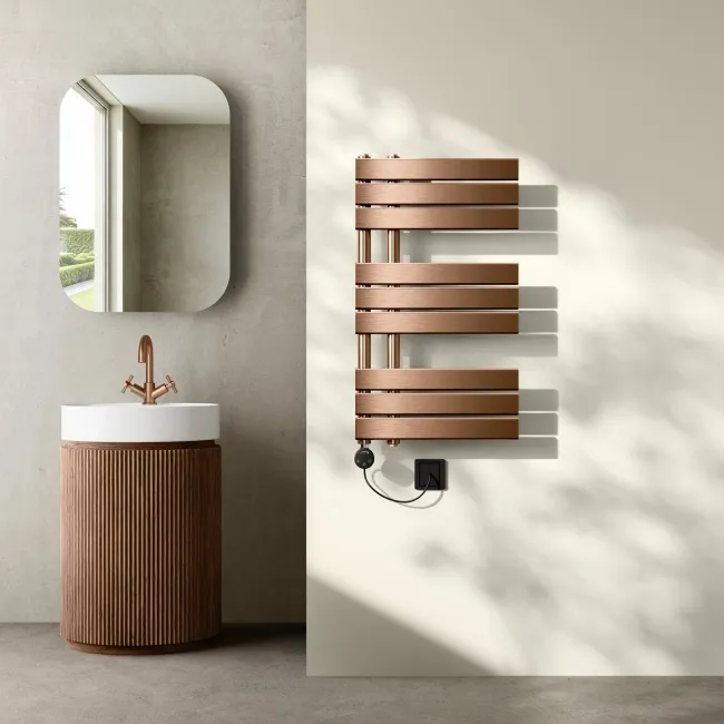 Seville Electric Brushed Copper Designer Flat Panel Heated Towel Rail 800x450mm