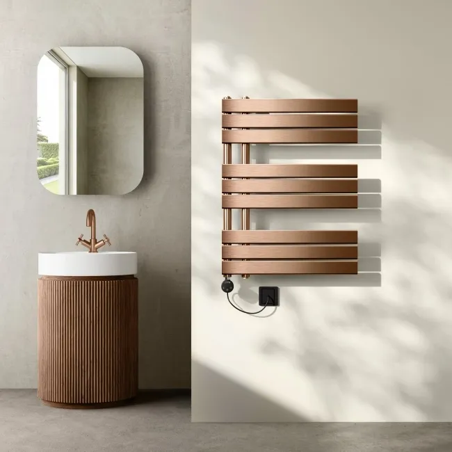 Seville Electric Brushed Copper Designer Flat Panel Heated Towel Rail 800x600mm