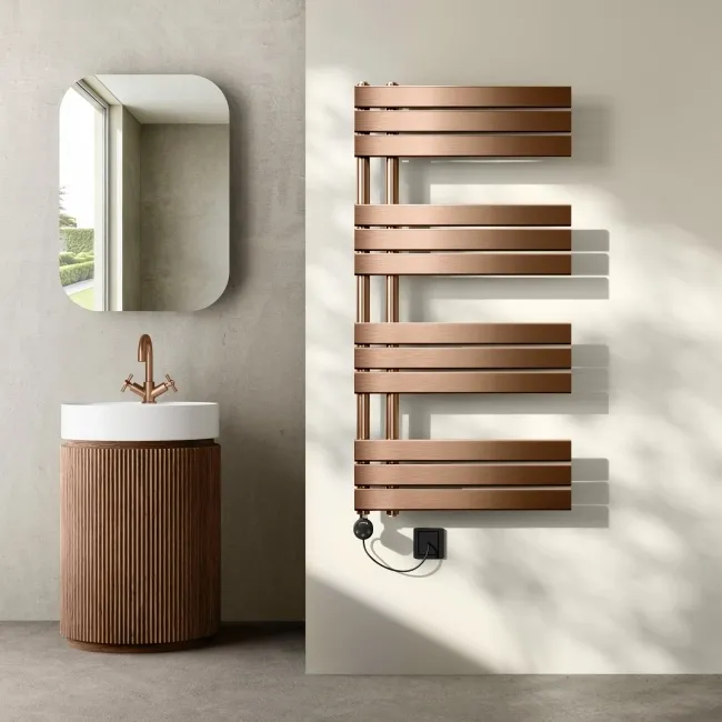 Seville Electric Brushed Copper Designer Flat Panel Heated Towel Rail 1200x600mm