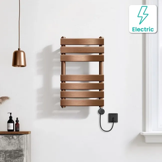 Santorini Electric Brushed Copper Flat Panel Heated Towel Rail 650x400mm