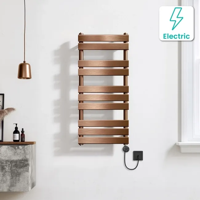 Santorini Electric Brushed Copper Flat Panel Heated Towel Rail 1000x450mm