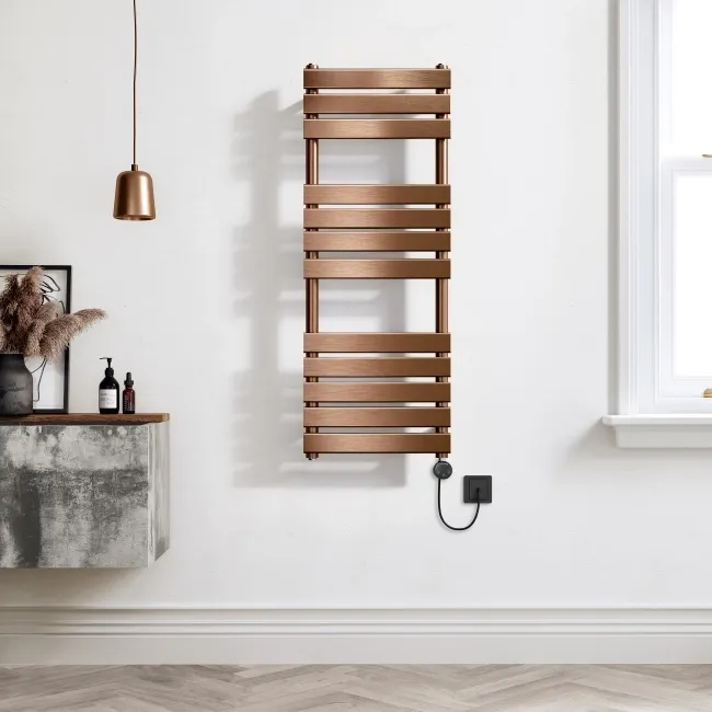 Santorini Electric Brushed Copper Flat Panel Heated Towel Rail 1200x450mm