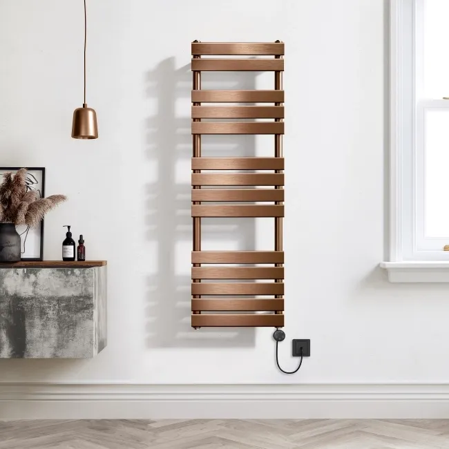 Santorini Electric Brushed Copper Flat Panel Heated Towel Rail 1400x450mm