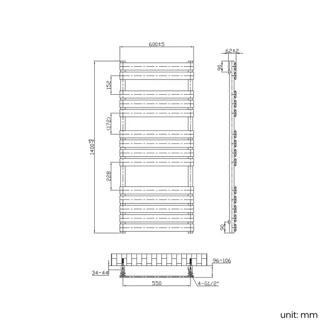 Santorini Electric Brushed Copper Flat Panel Heated Towel Rail 1400x600mm