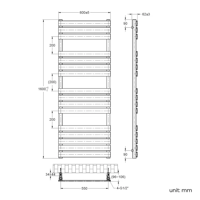 Santorini Electric Brushed Copper Flat Panel Heated Towel Rail 1600x600mm