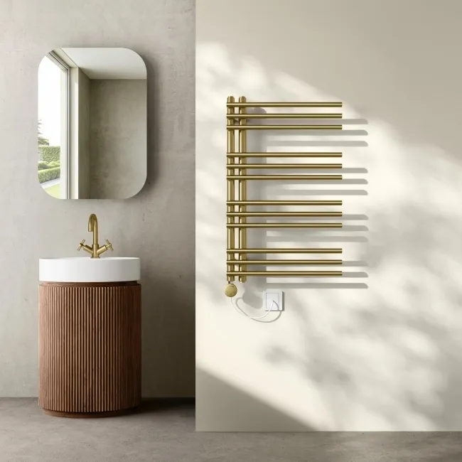 Cannes Electric Brushed Brass Designer Heated Towel Rail 800x500mm