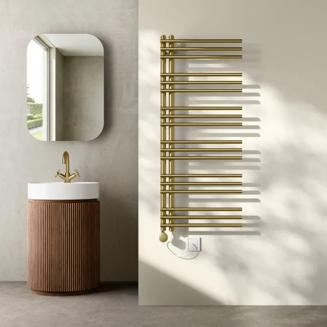 Cannes Electric Brushed Brass Designer Heated Towel Rail 1200x500mm