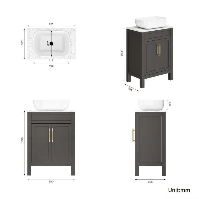 Bermuda Graphite Grey Vanity with Marble Top & Curved Counter Top Basin 600mm - Brass Knurled Handles