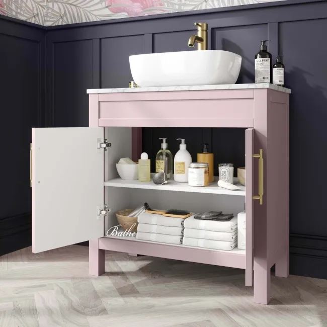 Bermuda Cashmere Pink Vanity with Marble Top & Curved Counter Top Basin 800mm - Brass Knurled Handles