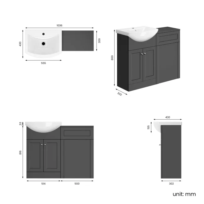 Capri Slate Grey Basin Vanity and Back To Wall Unit 1050mm (Excludes Toilet) - Chrome Handles
