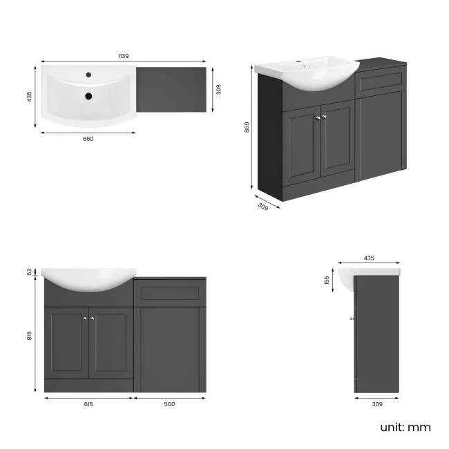 Capri Slate Grey Basin Vanity and Back To Wall Unit 1150mm (Excludes Toilet) - Chrome Handles