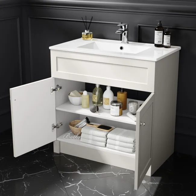 Milos Cotton White Combination Vanity Basin and Aruba Toilet 1300mm - Chrome Handles