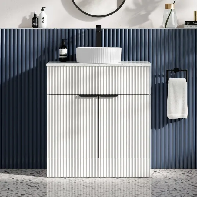 Havana Fluted Coastal White Cabinet with Marble Top & Nevis Basin 800mm - Black Accents
