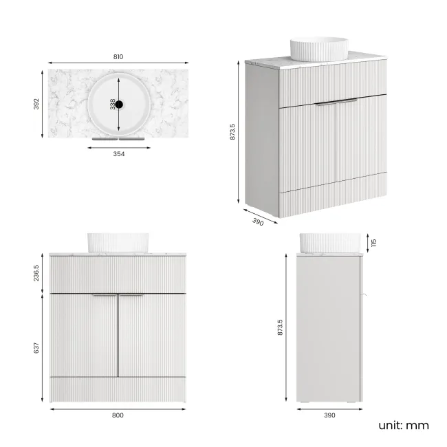 Havana Fluted Coastal White Cabinet with Marble Top & Nevis Basin 800mm - Chrome Handles