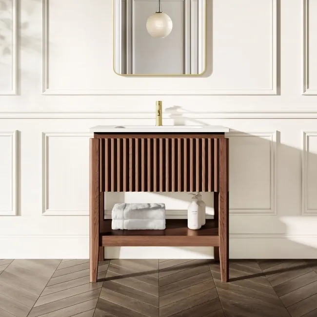 Maru Walnut Wood Grain Vanity Unit & Matt White Stone Basin 800mm