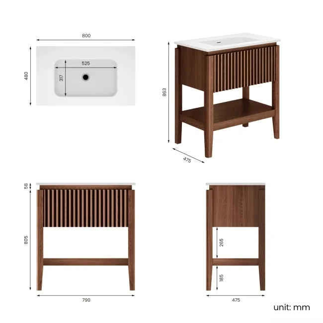 Maru Walnut Wood Grain Vanity Unit & Matt White Stone Basin 800mm