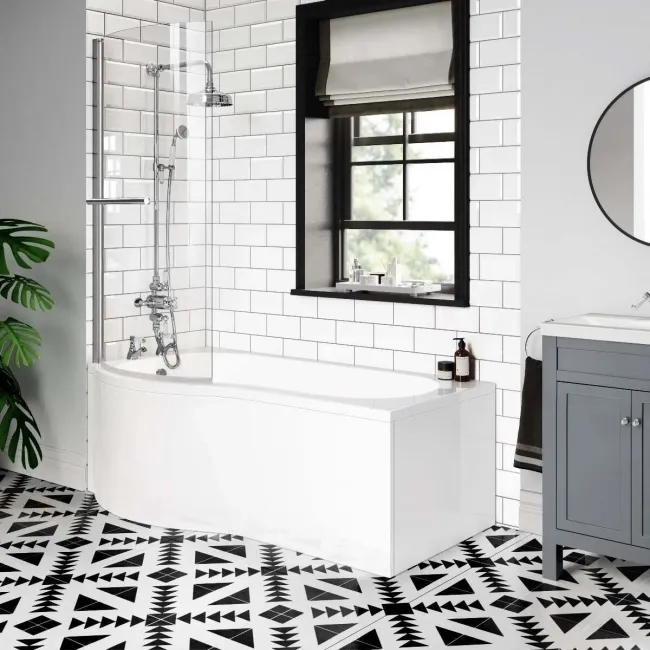 P Shaped 1600 Shower Bath with Front Panel & 6mm Easy Clean Screen with Rail - Left Handed