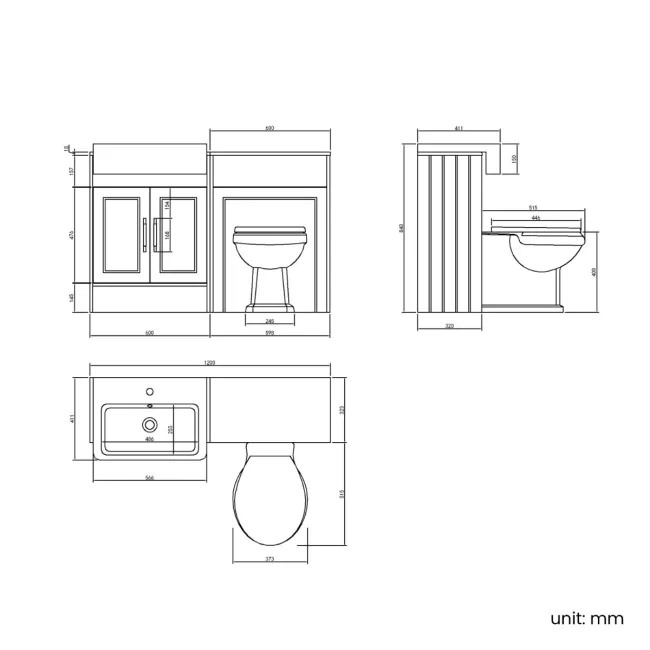Monaco Graphite Grey Combination Vanity Basin and Hudson Toilet with Wooden Seat 1200mm - Brass Knurled Handles