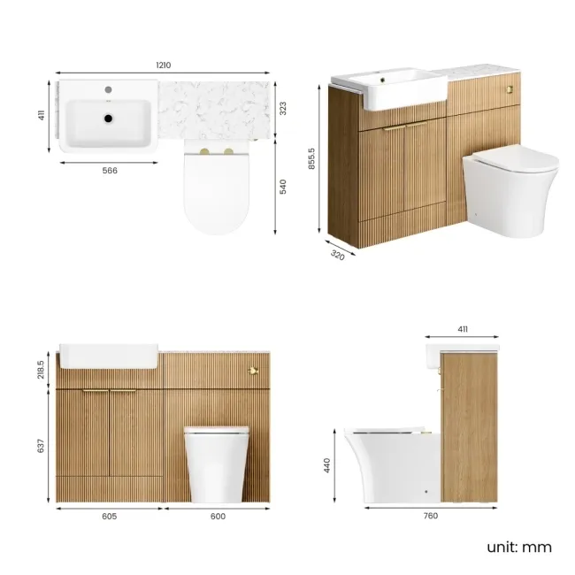Sicily Fluted Country Oak Combination Vanity Basin with Marble Top & Tucson Toilet 1200mm - Brushed Brass Accents
