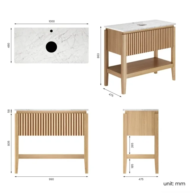 Maru Oak Wood Grain Vanity Cabinet 1000mm with Carrara Marble Top - Basin Not Included