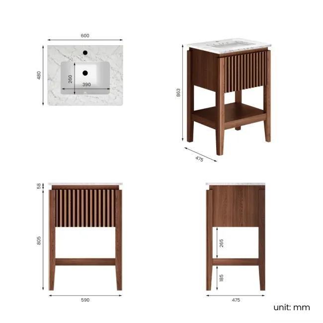 Maru Walnut Carrara Marble Vanity Unit & Undermount Basin 600mm
