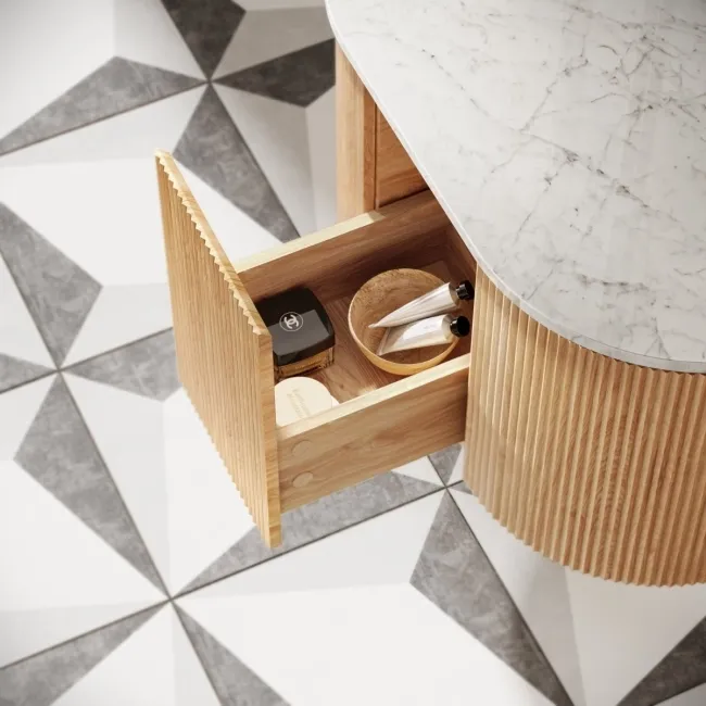 Positano Natural Oak Curved Wall Hung Vanity Drawer with Carrara Marble Top 800mm - Basin Not Included