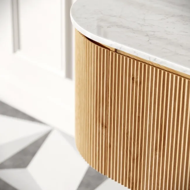 Positano Natural Oak Curved Wall Hung Vanity Drawer with Carrara Marble Top 1000mm - Basin Not Included