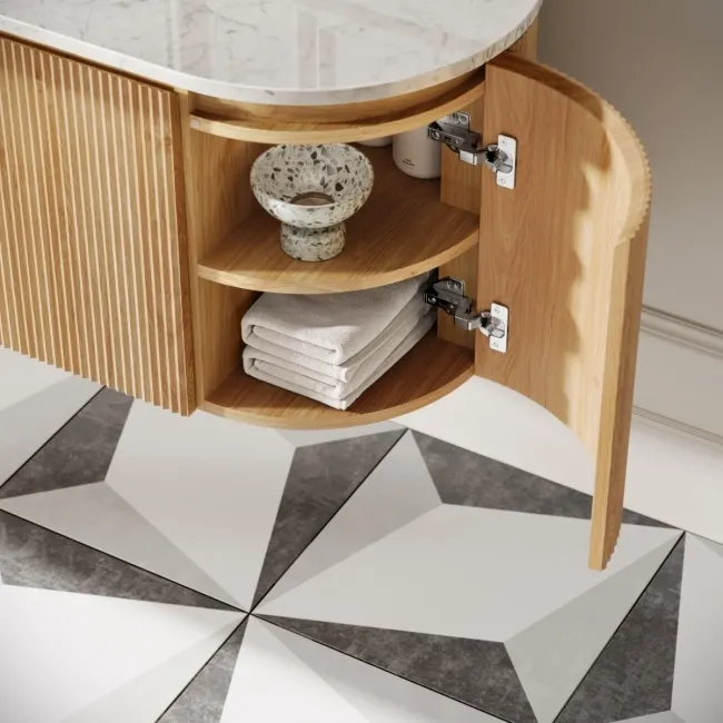 Positano Natural Oak Curved Wall Hung Vanity Drawer with Carrara Marble Top 1000mm - Basin Not Included