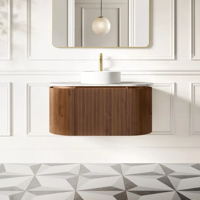 Positano Natural Walnut Curved Wall Hung Vanity Drawer with Carrara Marble Top 1000mm - Basin Not Included