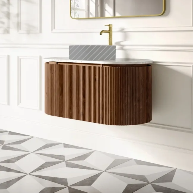 Positano Natural Walnut Curved Wall Hung Vanity Drawer with Carrara Marble Top 1000mm - Basin Not Included