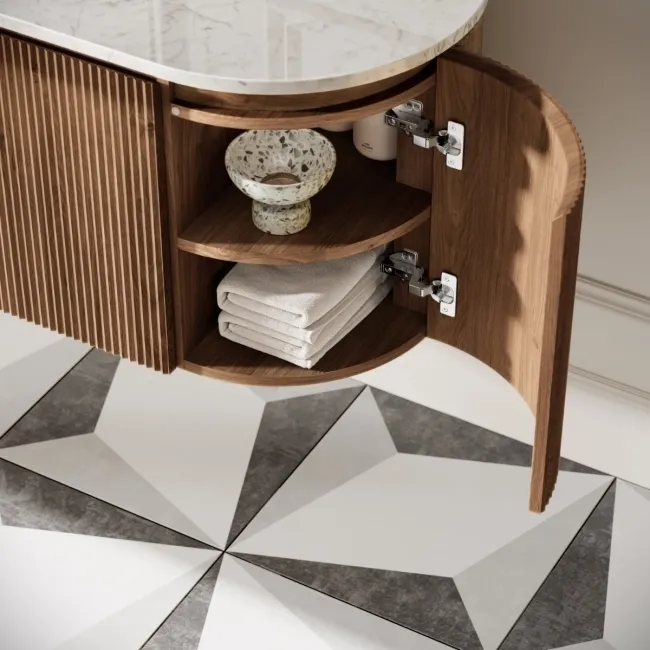 Positano Natural Walnut Curved Wall Hung Vanity Drawer with Carrara Marble Top 1000mm - Basin Not Included