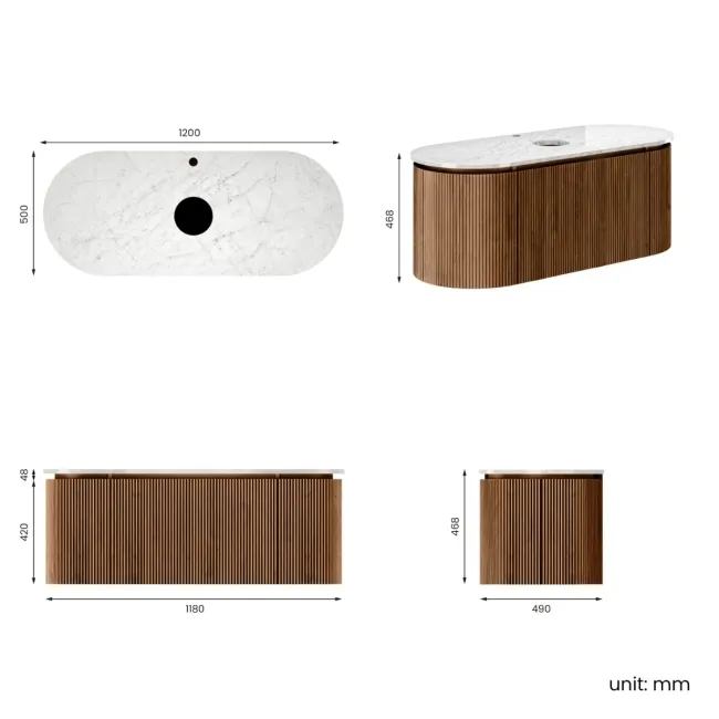 Positano Natural Walnut Curved Wall Hung Vanity Drawer with Carrara Marble Top 1200mm - Basin Not Included