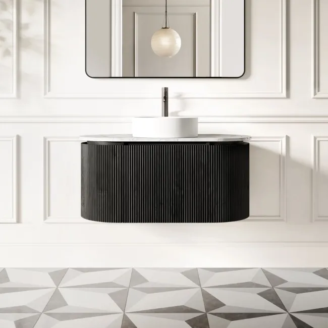 Positano Black Oak Curved Wall Hung Vanity Drawer with Carrara Marble Top 1000mm - Basin Not Included