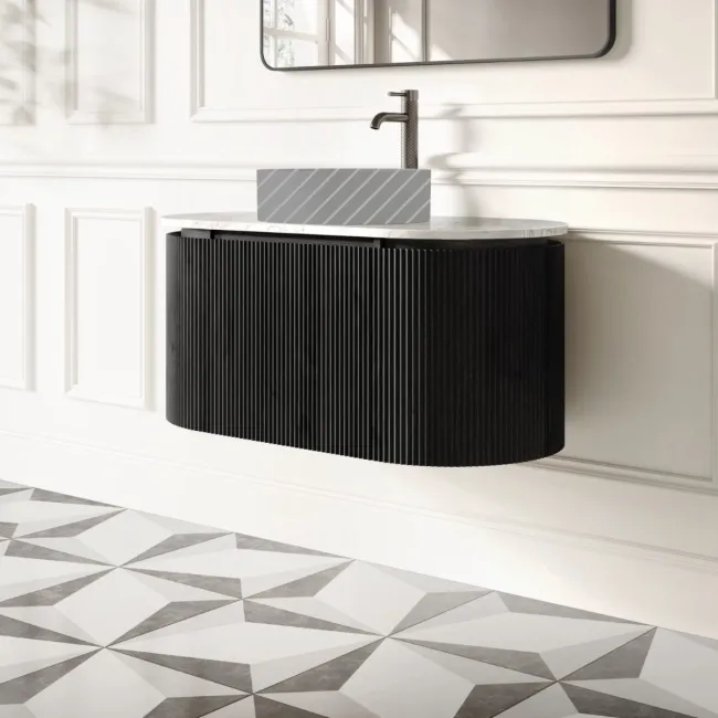 Positano Black Oak Curved Wall Hung Vanity Drawer with Carrara Marble Top 1000mm - Basin Not Included