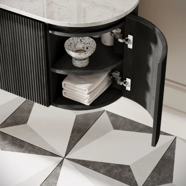 Positano Black Oak Curved Wall Hung Vanity Drawer with Carrara Marble Top 1000mm - Basin Not Included
