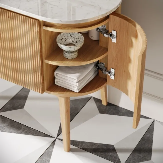 Positano Natural Oak Curved Vanity Unit with Carrara Marble Top 800mm - Basin Not Included