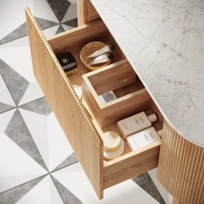 Positano Natural Oak Curved Vanity Unit with Carrara Marble Top 1200mm - Basin Not Included