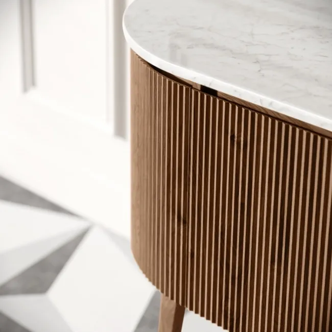Positano Natural Walnut Curved Vanity Unit with Carrara Marble Top 1200mm - Basin Not Included
