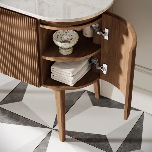 Positano Natural Walnut Curved Vanity Unit with Carrara Marble Top 1200mm - Basin Not Included