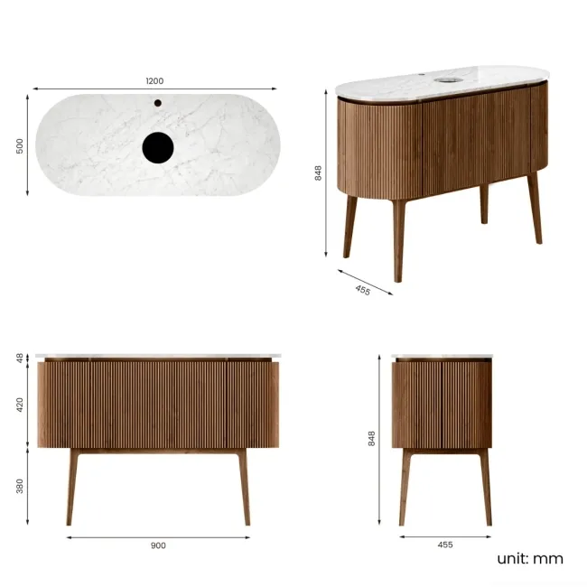 Positano Natural Walnut Curved Vanity Unit with Carrara Marble Top 1200mm - Basin Not Included