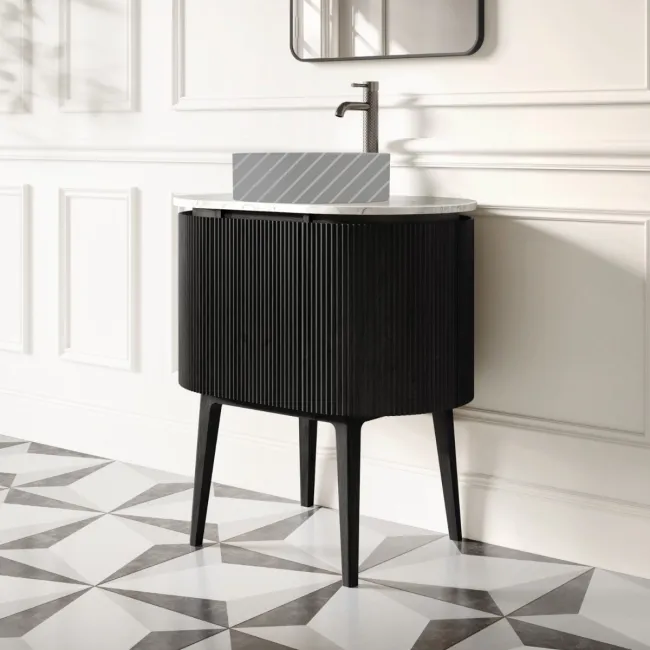 Positano Black Oak Curved Vanity Unit with Carrara Marble Top 800mm - Basin Not Included