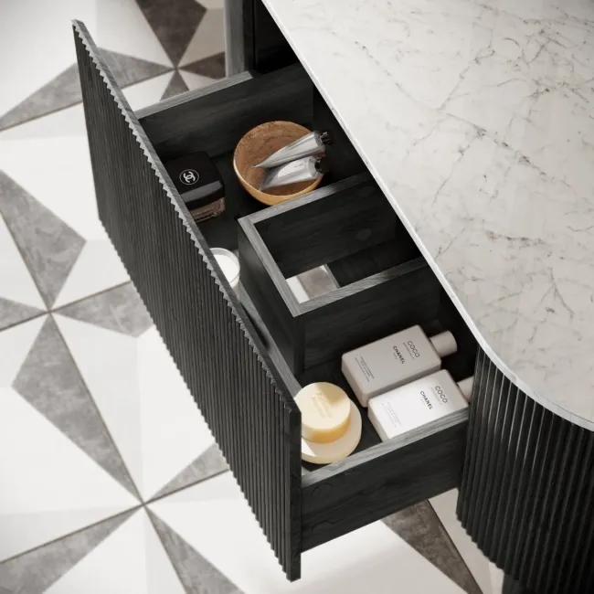 Positano Black Oak Curved Vanity Unit with Carrara Marble Top 1200mm - Basin Not Included