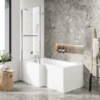 L Shaped 1600 Shower Bath & 4mm Fixed Screen with Rail - Left Handed