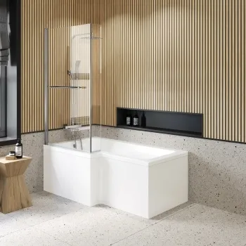 L Shaped 1600 Shower Bath with Front Panel & 6mm Easy Clean Screen with Rail - Left Handed