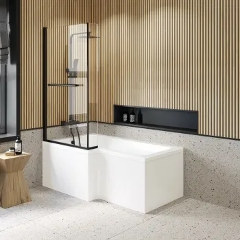 L Shaped 1600 Shower Bath with Front Panel & 6mm Matt Black Easy Clean Screen with Rail - Left Handed