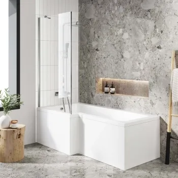 L Shaped 1700 Shower Bath with Front Panel & 4mm Fixed Screen - Left Handed