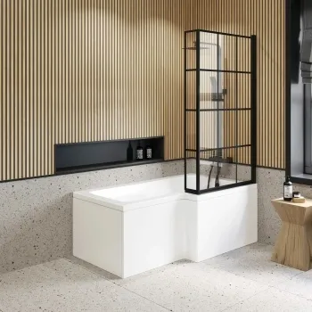 L Shaped 1600 Shower Bath with Front Panel & 6mm Easy Clean Matt Black Grid Bath Screen - Right Handed