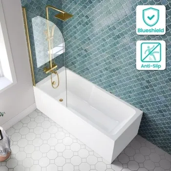 Antigua 1700x750 Keyhole Shower Bath & 6mm Easy Clean Brushed Brass Bath Screen