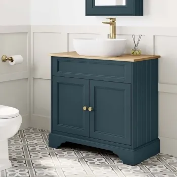 Lucia Inky Blue Vanity with Oak Effect Top & Curved Counter Top Basin 840mm - Brushed Brass Accents